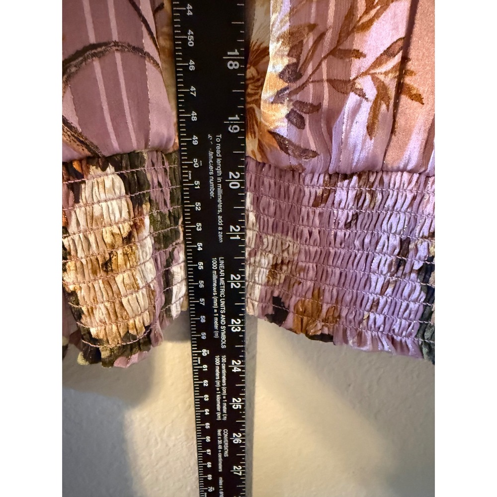 Tamara H Womens Medium Pink Floral Metallic Lurex Stripe Smocked Ruffle Blouse - Picture 4 of 7